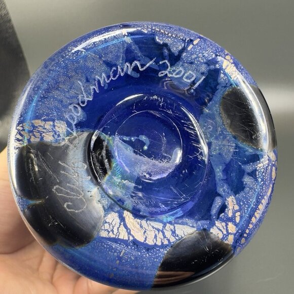 2001 Cliff Goodman Art Glass Vase Vessel Spiral Cobalt Blue Gold Specks Signed - Picture 5 of 16